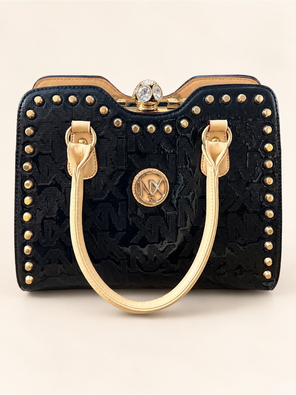 Black Glossy Studded Satchel Cream Handles Rhinestone Clasp Handbag